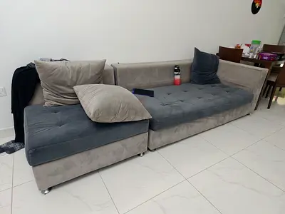 L-shaped grey velvet sectional sofa — good condition