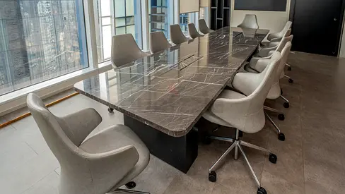 Large Marble-Top Conference Table with 10 Swivel Chairs — Excellent Condition