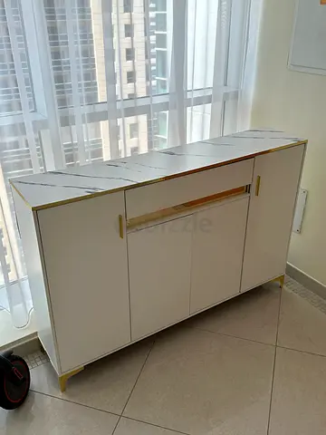 Elegant Modern Sideboard / Shoe Cabinet – White  Gold with Marble Color Top
