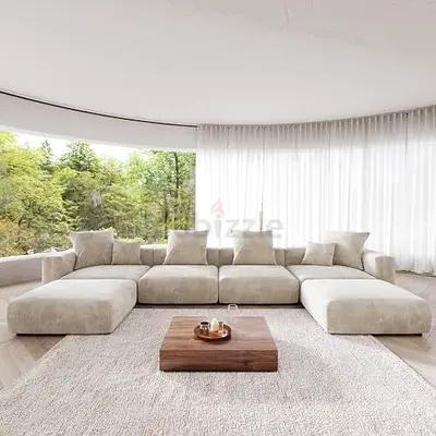 Large Modular Cream Sectional Sofa with Ottoman — Modern Minimalist