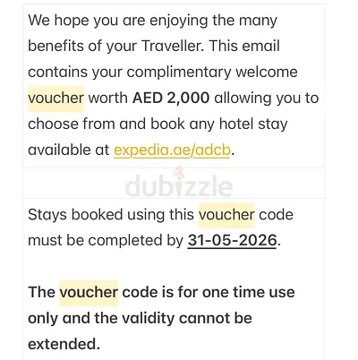 ADCB card Expedia vouchers ( Hotel Booking) of AED 2000