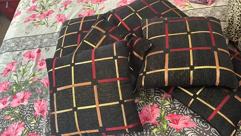 Set of 6 Black  Gold Checked Cushion Covers (Approx. 45x45 cm) - Good Condition
