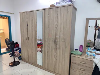 5-door Wooden Wardrobe with Center Mirror - Good Condition