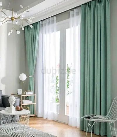 Light Green Floor-to-Ceiling Curtains with Sheer White Panels - Pair