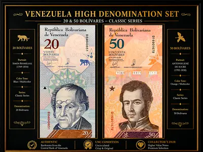Framed Venezuela High Denomination Banknote Set (20  50 Bolívares) - Collectible