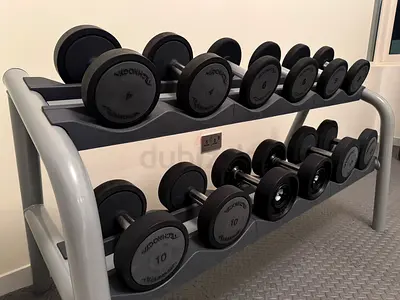 12x Technogym Dumbbells (4-14kg) Storage Rack (15.700,- AED new)