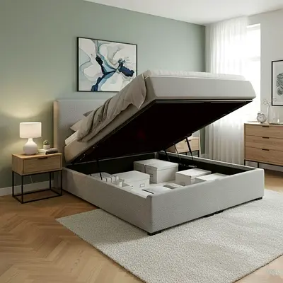 Gray linen double size ottoman storage bed