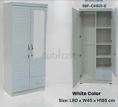Brand New White 2-Door Wardrobe with Mirror  Shelves (L80 x W45 x H185 cm)