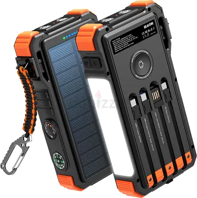 Solar Power Bank 20000mAh Built-in Cables, Wireless Charger for Apple Watch, 20W Fast Charging