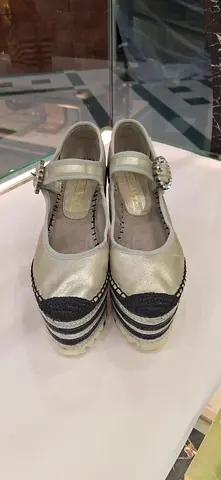 Womens Mary Jane Espadrille Wedge Shoes - Silver with Black Detailing