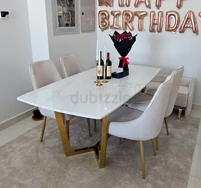 Marble-Top Dining Table with 4 Beige Upholstered Chairs