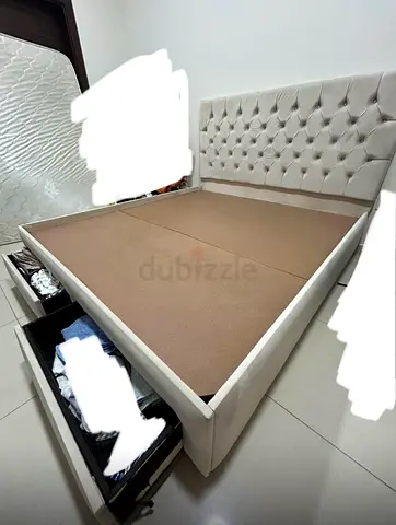 Queen storage bed with mattress  tufted headboard - light beige