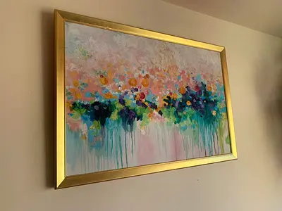 Original Framed Abstract Floral Painting with Gold Frame