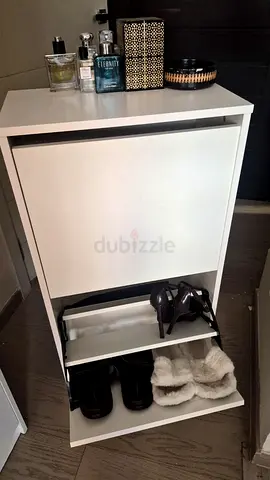 Slim White Shoe Cabinet with 3 Tilt-Out Compartments - Good Condition