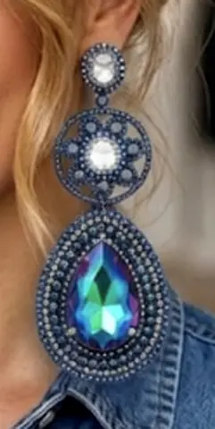 Hand Croshet Long statement drop earrings with blue crystal teardrop