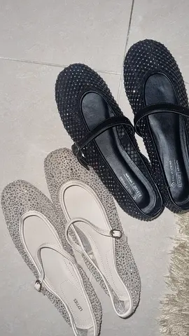 Pair of ladies flat Mary Jane shoes — black and beige, lightly used
