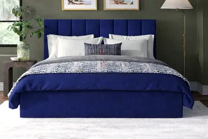 Queen-sized upholstered fabric bed with padded headboard - navy blue