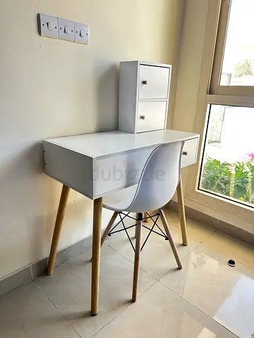 White vanity dressing table with mirror and stool