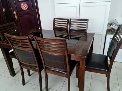 Solid Wood 6-Seater Dining Table with Glass Top and Chairs