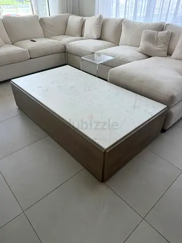 Crate  Barrel Large Modern Marble-Top Coffee Table with Wood Base