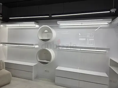 Modern White Display Wall with Shelves and Drawers (Ready-to-Install)