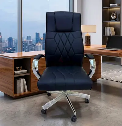 Black High-Back Leather Office Chair with Chrome Arms and Wheels-6058