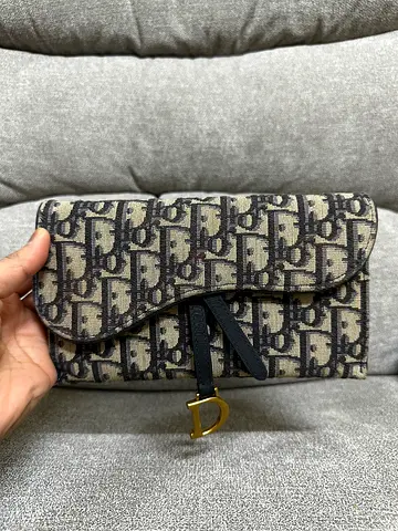 Dior Beige/Blue Oblique Canvas Saddle Wallet On Chain