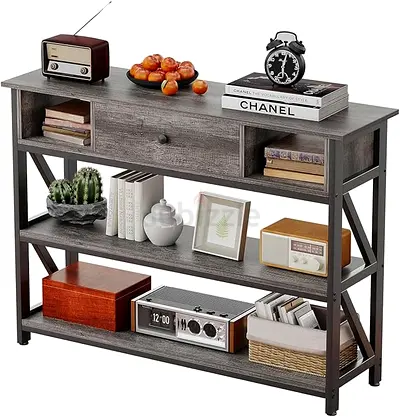 Wooden Console Table with Shelves and Drawer - Grey Rustic Finish