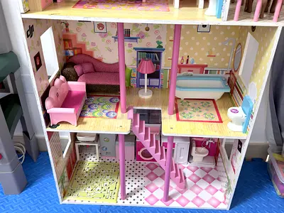 Wooden 3-Story Dollhouse with Furniture - Pink Interior