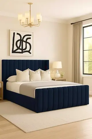 Upholstered Navy Blue Velvet Bed Frame with Vertical Channel Tufting (King)