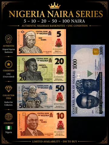 Set of Authentic Nigerian Naira Banknotes (5, 10, 20, 50, 100, 1000) - UNC Collector Set