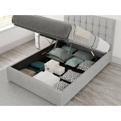 Grey Fabric Ottoman Storage Bed with Headboard - Double/Queen