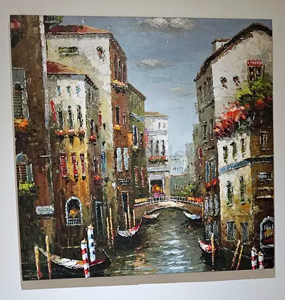 Oil-style Canvas Painting of Venetian Canal with Gondolas 36 inches by 36 inches