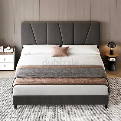 Modern Grey Fabric Double Bed with Padded Headboard