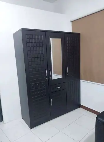 Dark Wood 3-Door Wardrobe with Mirror and Drawers