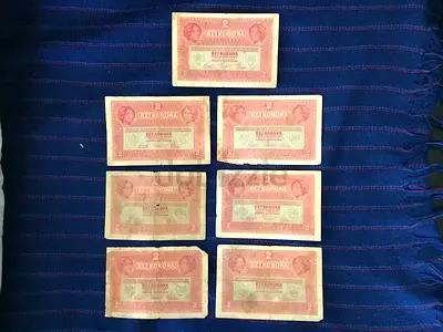 7 RARE VINTAGE AUSTRO-HUNGARIAN 2 KRONEN BANKNOTES