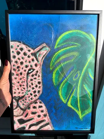 Framed Pastel Leopard with Monstera Leaf Artwork by the Artist Yara Abd