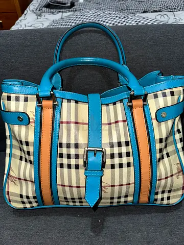Burberry Beige/Blue Check Canvas Leather Tote