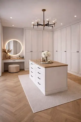 Well-kept walk-in closet island with built-in drawers and vanity setup