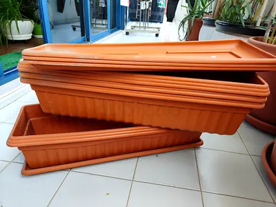 Set of 4 Long Terracotta Plastic Window Planters with Saucers