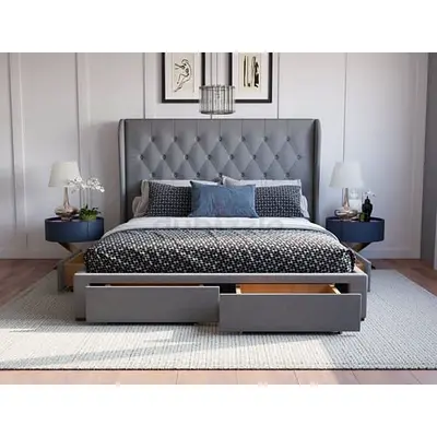 Winged headboard front 2 drawers queen bed frame