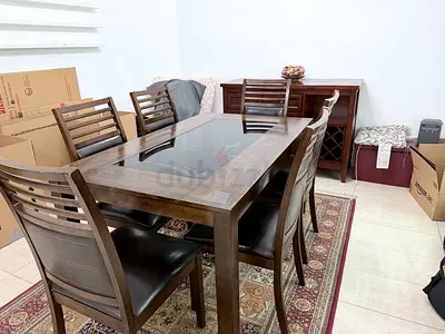6-seater Wooden Dining Table | Tempered Glass Inset with 6 Leather Chairs | PICK-UP from MAY 18th