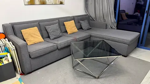 Gray L-shaped Fabric Sofa with Chaise and Glass Coffee Table