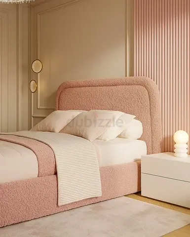 Soft Pink Upholstered Bed Frame with Headboard - Queen