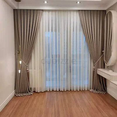 Floor-to-ceiling beige blackout curtains with sheer liners - set (like new)