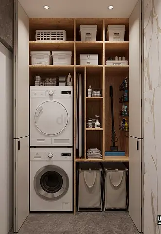 Built-in Laundry Closet with Washer/Dryer Space and Storage Shelves