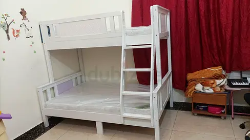 White Wooden Bunk Bed with Ladder — Double Bottom, Single Top