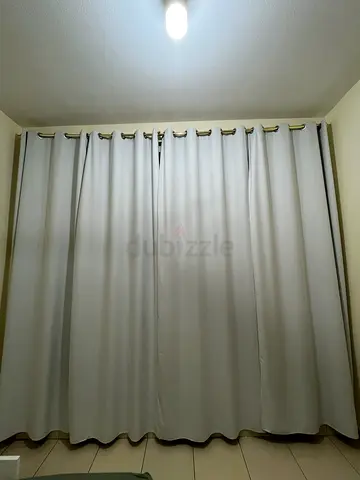 White blackout curtains with rod — set of panels, good condition