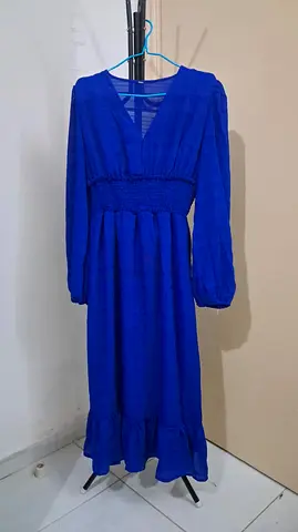 Royal Blue Long Sleeve Maxi Dress with V Neckline and Elastic Waistband - Medium