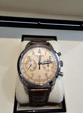 Salmon Patek Philippe Chronograph Mens Watch with Brown Leather Strap